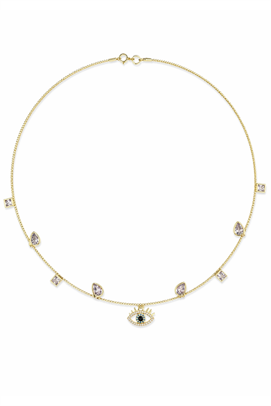 Altın Renk Göz Figürlü Taş Detaylı Choker Kolye