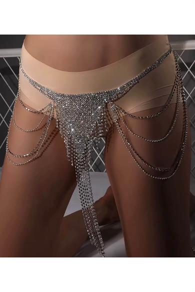 Gümüş Renk Taşlı Bel Zinciri 