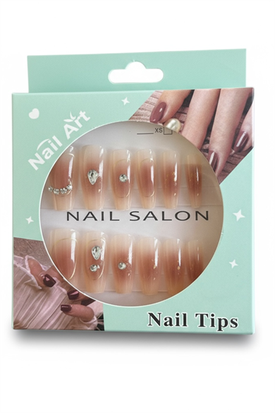 12li Krem Ve Pembe Renk Taş Detaylı Takma Tırnak Set (Yapıştırıcılı)