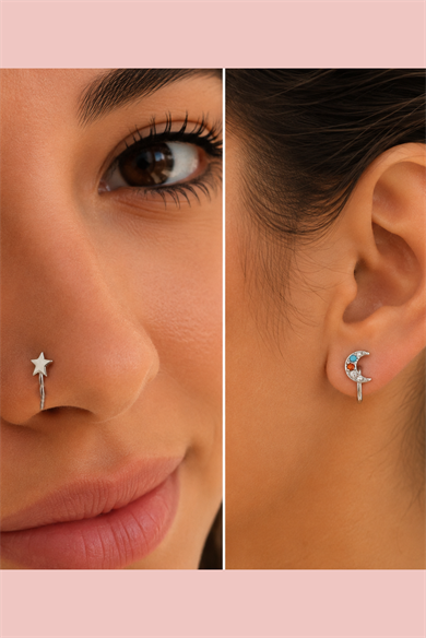 Gümüş Renk Karışık Figürlü Deliksiz Kulak/Burun 3lü Piercing Set