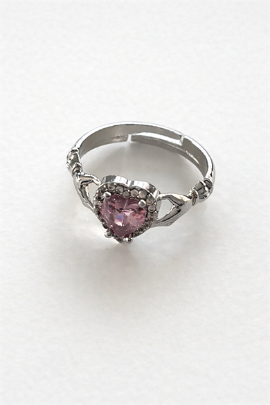 Gümüş Renk Kalp Figürlü Taş Detaylı Ayarlanabilir Yüzük 