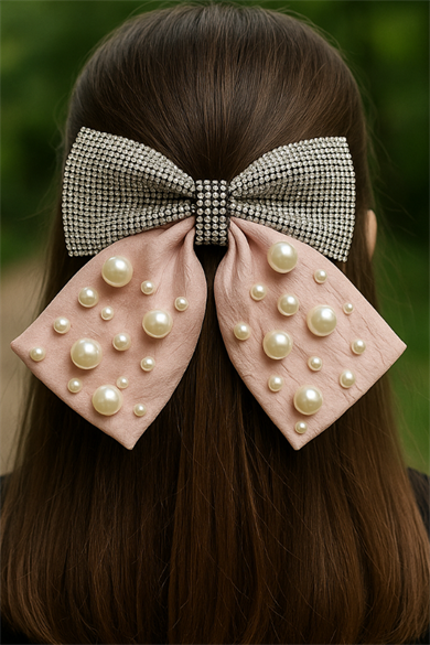 Pembe Renk Kurdele Figürlü İnci Ve Taş Detaylı Otomat Toka