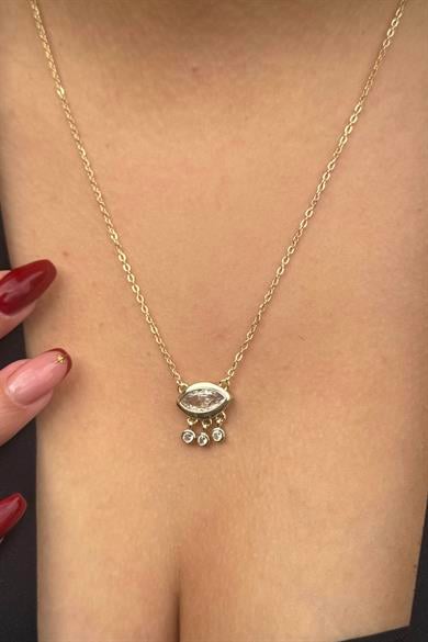 Altın Renk Göz Figürlü Taş Detaylı Altın Kaplama VİP Kolye