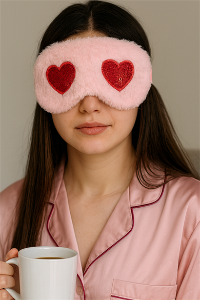 Pembe Ve Kırmızı Renk Kalp Figürlü Peluş Uyku Bandı