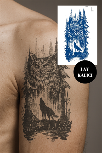 Baykuş Ve Kurt Figürlü 12 Saat Sonra Kararan Geçici Orta Dövme Tattoo