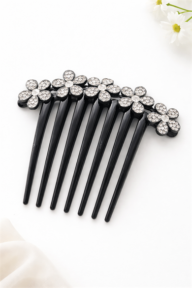 Siyah Renk Çiçek Figürlü Taş Detaylı Tarak Toka