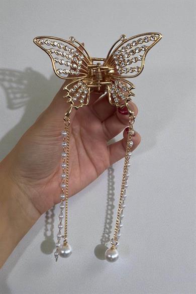 Altın Renk Taş Ve İnci Detaylı Metal Mandal Toka