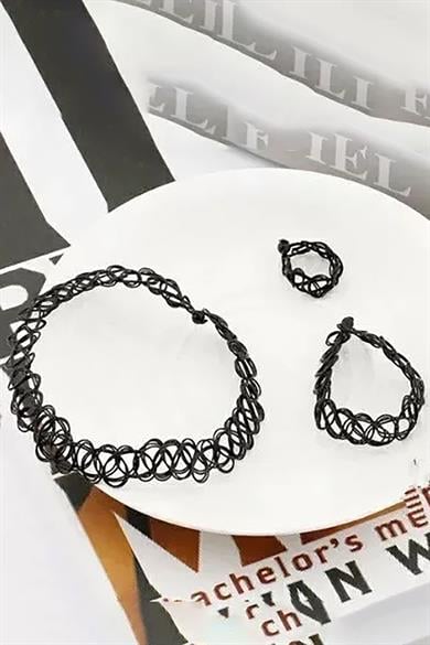 Siyah Renk Elastik Choker Kolye | Bileklik Ve Yüzük Set