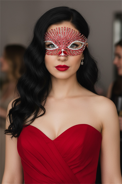 Gümüş Renk Kırmızı Taş Detaylı Tasarım Parti Maskesi