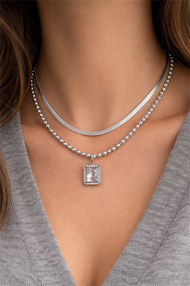 Gümüş Renk 2li Zincir Detaylı Taş Detay Çelik Kolye