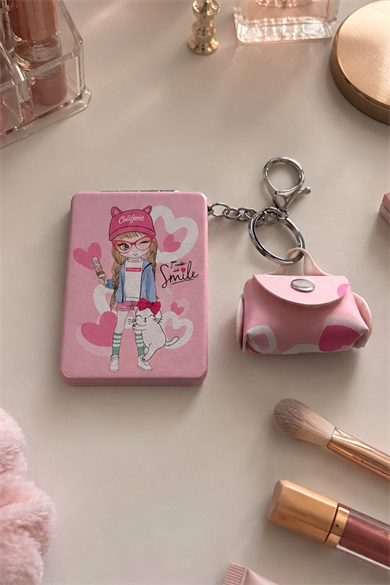 Pembe Renk Kız Detaylı Cep Aynası/Çanta Charm