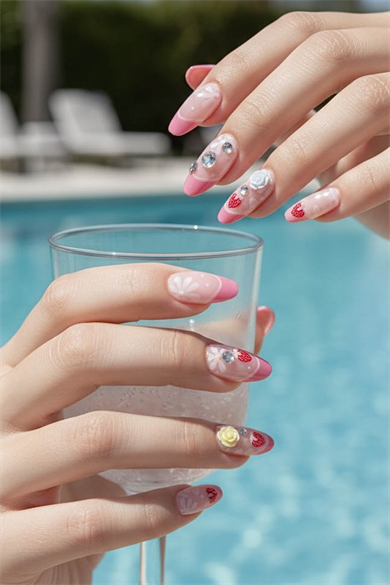 12li Pembe Renk Çilek Figürlü Taş Detaylı Takma Tırnak Set (Yapıştırıcılı)