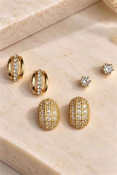 Altın Renk 6lı Taşlı Küpe Set