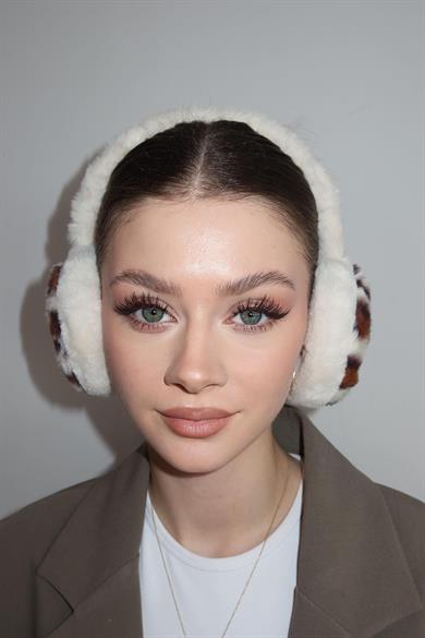 Krem Renk Leopar Detaylı Peluş Kulaklık