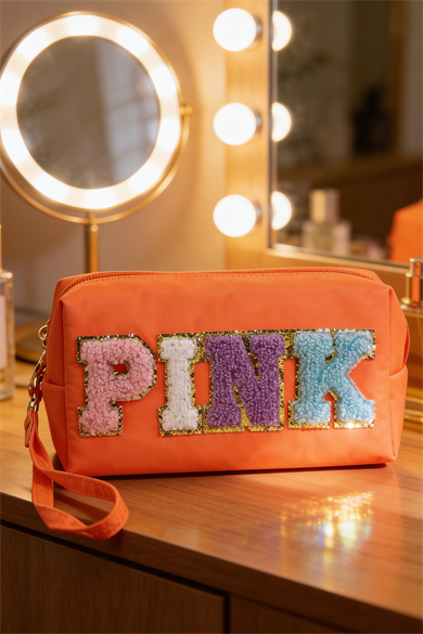 Turuncu Renk Pink Yazılı Makyaj Çantası