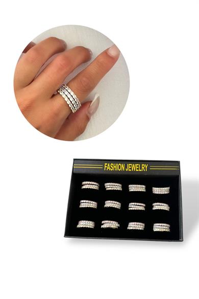 Karışık Renk 12li Taş Detaylı Yüzük Set