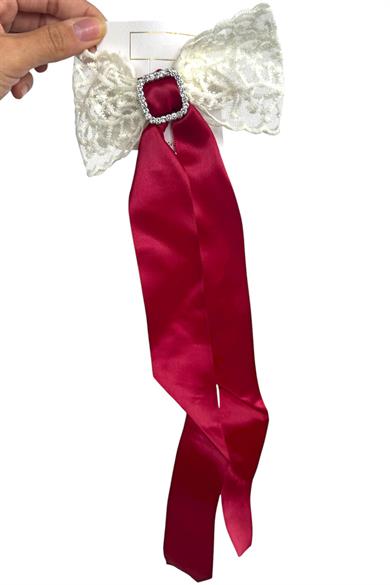 Kırmızı Renk Kurdele Figürlü Taş Detaylı Otomat Toka