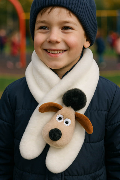 Beyaz Renk Köpek Figürlü Çocuk Peluş Atkı