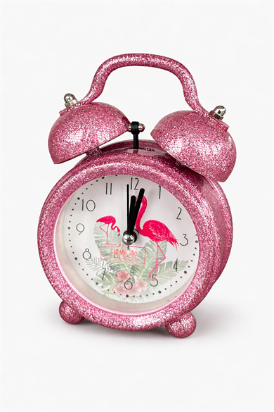 Pembe Renk Simli Mini Dekoratif Işıklı Alarmlı Yuvarlak Masa Saati