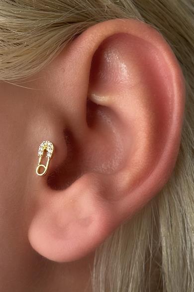 Altın Renk İğne Taş Detaylı Çelik Tragus/Kıkırdak Küpe/Piercing (Tek)