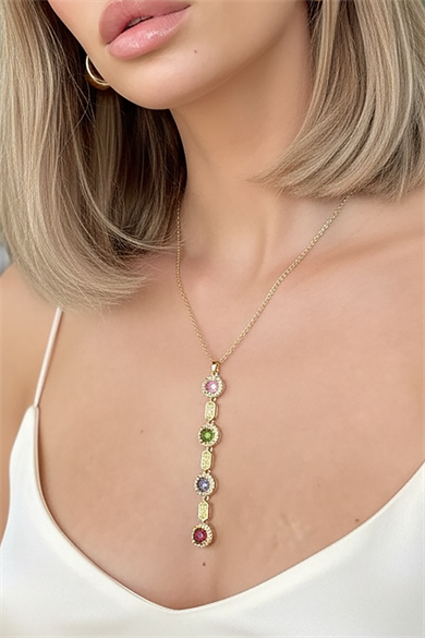 Altın Renk Taş Detaylı 14K Altın Kaplama VİP Y Kolye