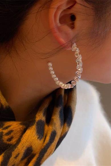 Gümüş Renk İnci Ve Taş Detaylı Halka Küpe (Çift)