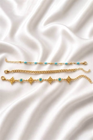 Altın   Renk  Zincir Detaylı 3lü Bileklik Set