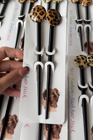 12li Karışık Renk Leopar Desenli Topuz Kalemi/ Tokası Set