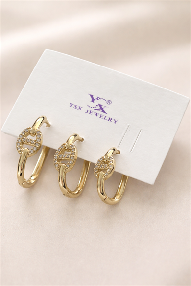 Altın Renk Taş Detaylı 3lü YSX Küpe Set