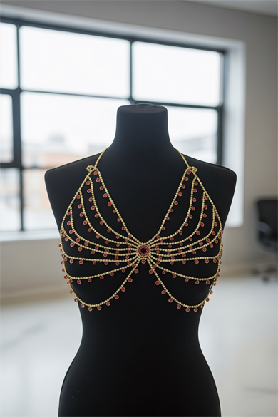 Altın Renk Pembe Taş Detaylı Bralet Vücut Aksesuarı