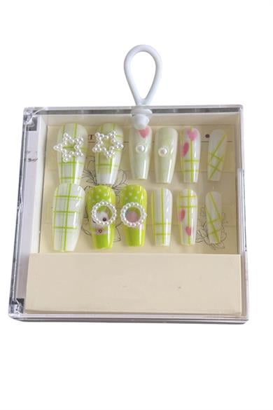 12li Yeşil Renk İnci Detaylı Takma Tırnak Set (Yapıştırıcılı)