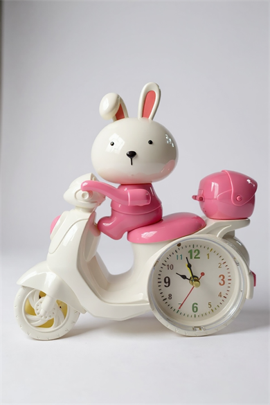 Pembe Renk Motor Figürlü Mini Dekoratif Alarmlı Yuvarlak Masa Saati