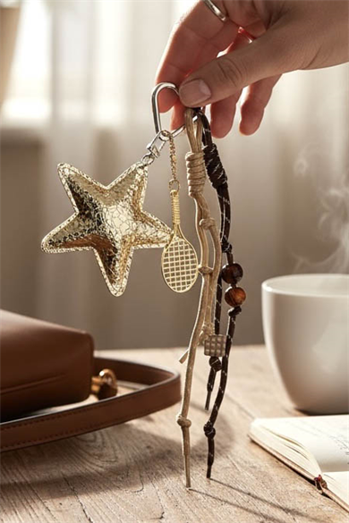 Kahverengi Yıldız Ve Raket Figürlü Çanta Charm/ Anahtarlık