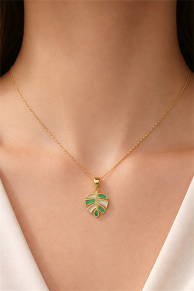 Altın Renk Yaprak Figürlü Çelik Kolye