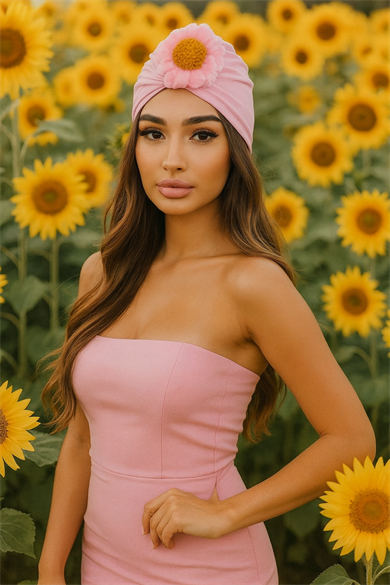 Pembe Renk Çiçek Figürlü Saç Bandı/Saç Bonesi