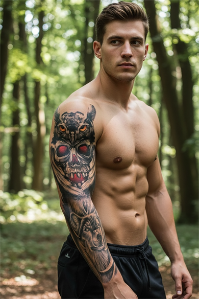 Skull and Owl Model Arm Tattoo Tattoo