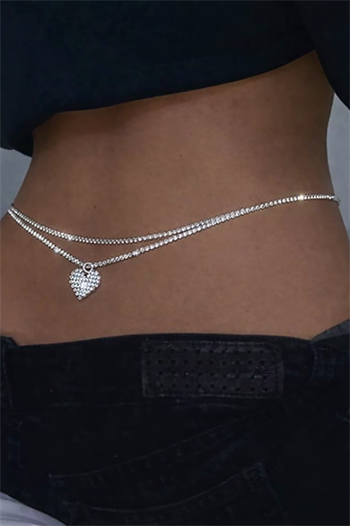 Gümüş Renk Kalp Figürlü Taş Detaylı Tasarım Bel Zinciri/Vücut Aksesuar