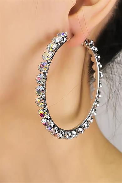 Gümüş Renk Taş Detaylı Halka Küpe 70Mm (Çift)