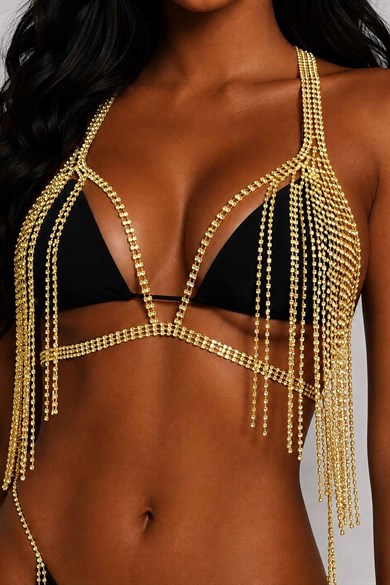 Altın Renk Taş Detaylı Bikini Üstü /Bralet /Vücut Aksesuarı