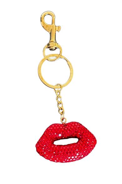 Altın Ve Kırmızı Renk Dudak Figürlü Taş Detaylı Çanta Charm/ Anahtarlık