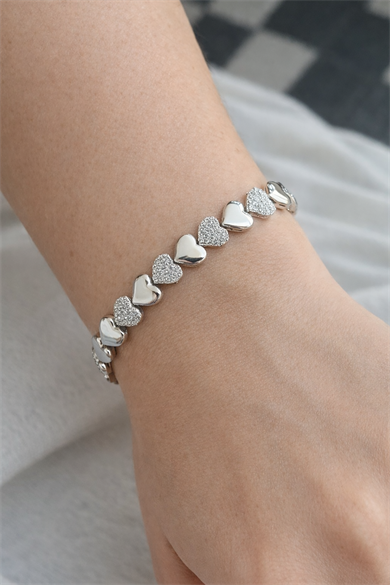 Gümüş Renk Kalp Figürlü  Taş Detaylı Çelik Xupıng VİP  Bileklik