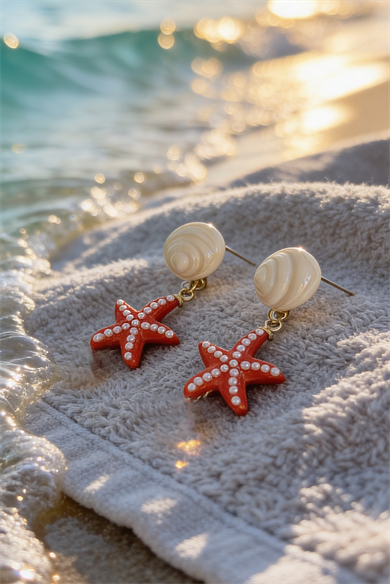 Kırmızı Renk Deniz Yıldızı Figürlü Küpe (Çift)