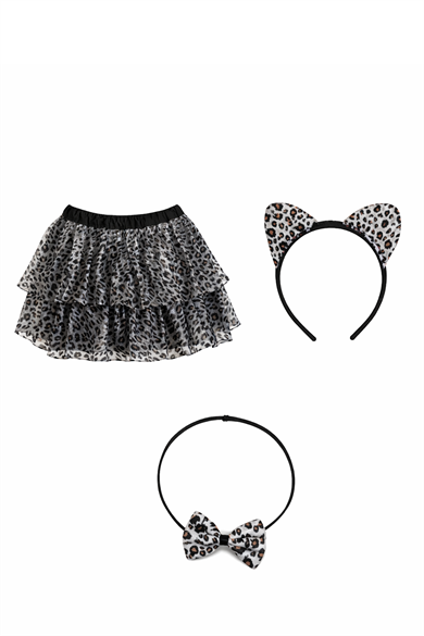 Siyah Renk Leopar Desenli Kanat/Etek/Papyon Set