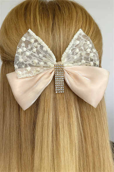 Krem Renk Kurdele Figürlü Taş Detaylı Otomat Toka