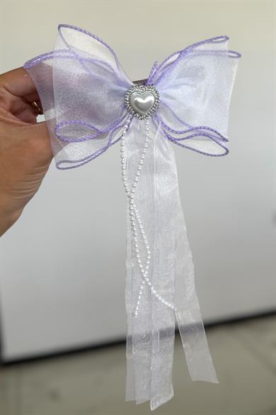 Beyaz Ve Mor Renk Kalp Figürlü İnci Detaylı Kurdele Otomat Toka