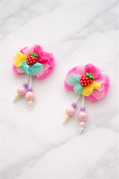 Pembe Renk Çilek Figürlü Boncuk Detaylı 2li Yan Toka Set