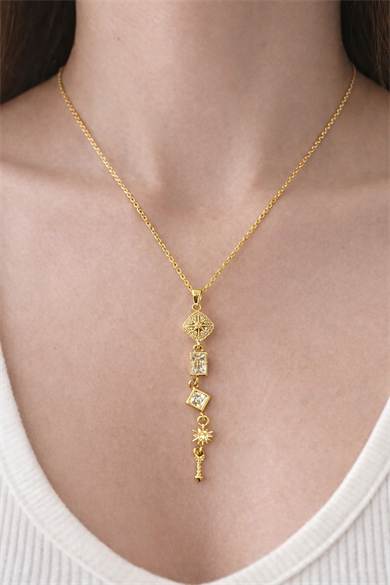 Altın Renk Taş Detaylı Y Kolye