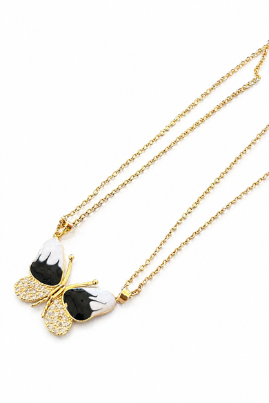 Altın  Renk Kelebek Figürlü Taş Detaylı Mıknatıslı Çelik Arkadaşlık Kolyesi