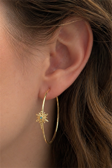 Altın Renk Yıldız Figürlü Taş Detaylı 14K Altın Kaplama Halka Küpe (Çift)