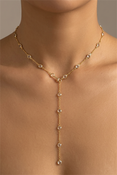 Altın Renk Taş Detaylı Çelik Y Kolye